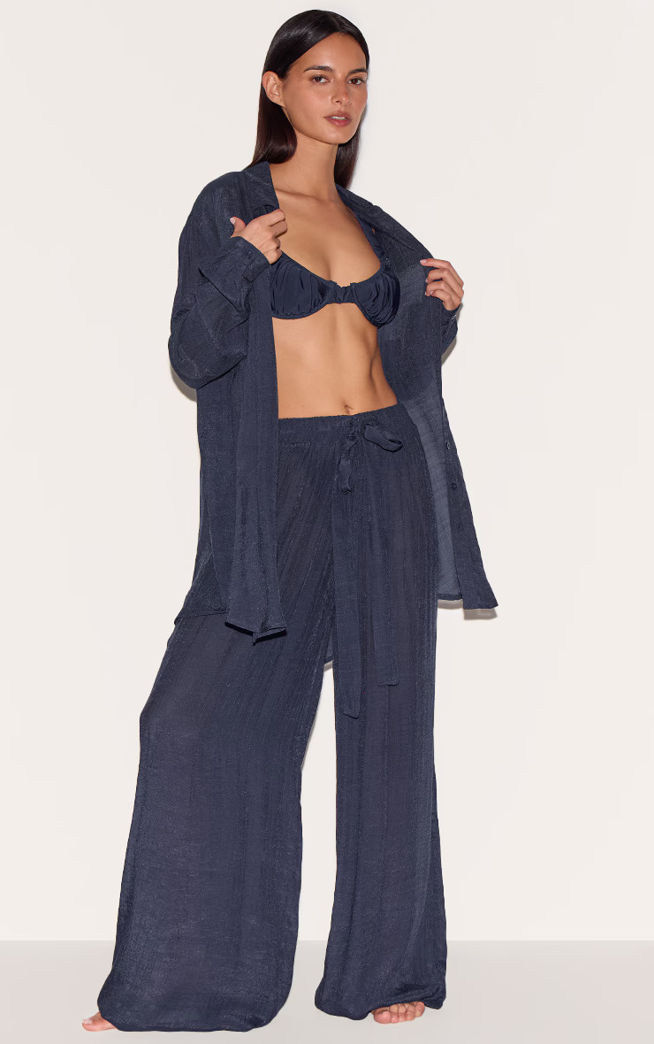 Navy Linen Look Palazzo Beach Pants | Swimwear | PrettyLittleThing US