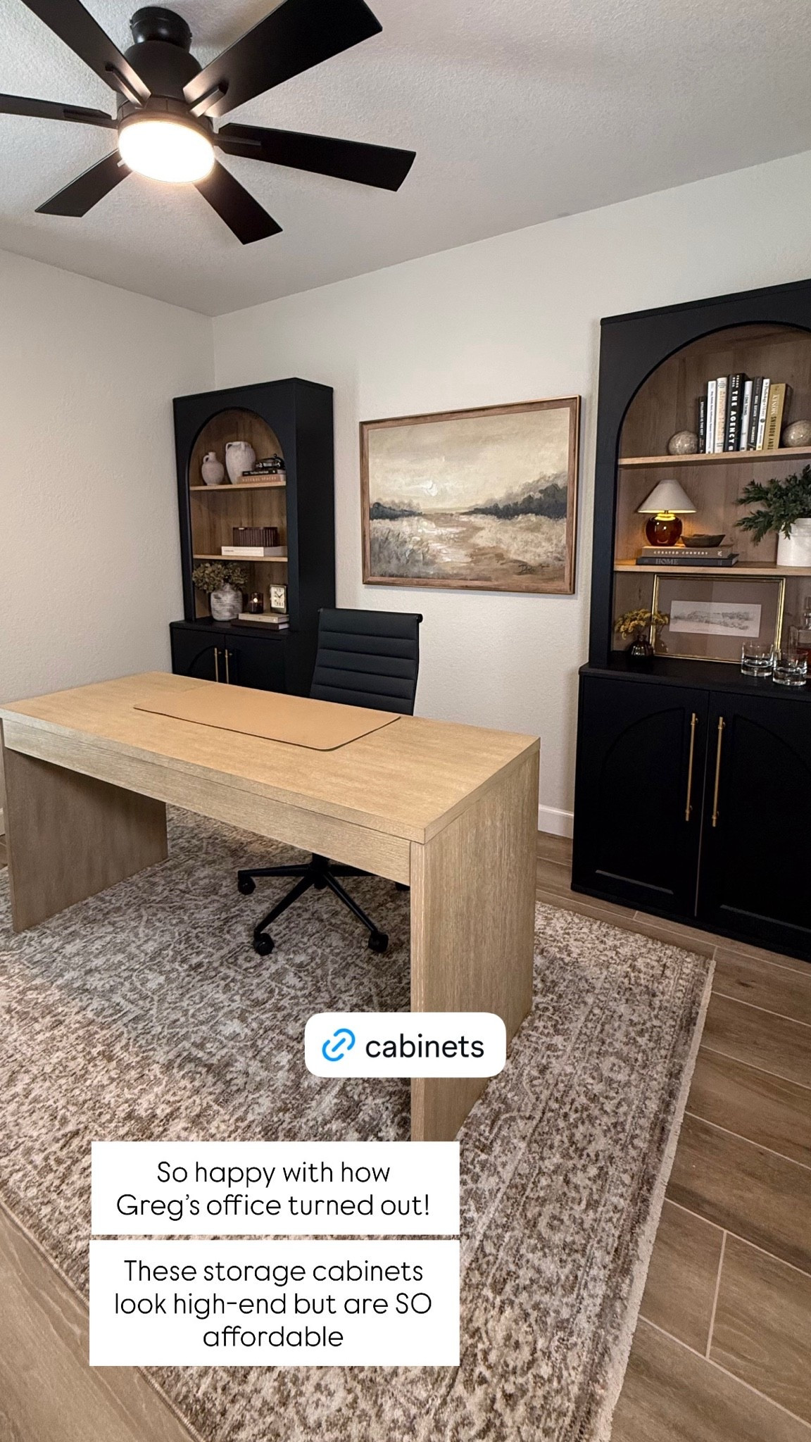 Love this view! The office has come a long way and is finally a space that feels cozy and productive. I love these storage cabinets to hide things away down below, while still providing open shelf space for decorative accents.