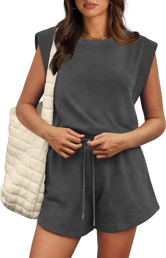 OFEEFAN Rompers for Women Summer Cap Sleeve Adjustable Drawstring Waistband Crewneck Casual Outfi... | Amazon (US)