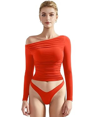 SUUKSESS Women Off Shoulder Long Sleeve Shirts Double Lined Fitted Crop Tops | Amazon (US)