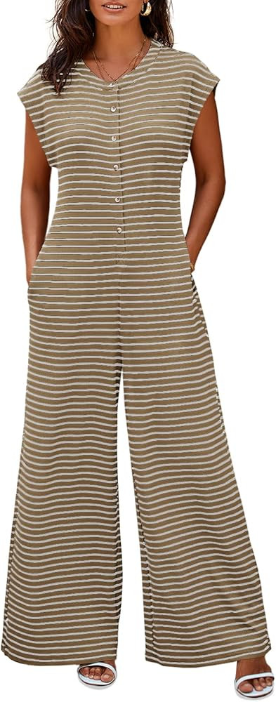 Cicy Bell Womens Casual Striped Jumpsuits Wide Leg Cap Sleeve Summer Jumper Crew Neck Button Down Waffle Knit Outfits | Amazon (US)