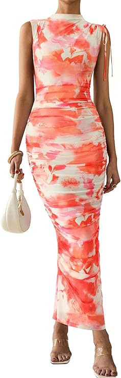 PRETTYGARDEN Women's Summer Maxi Floral Dresses Ruched Bodycon Sleeveless Mesh Formal Wedding Gue... | Amazon (US)