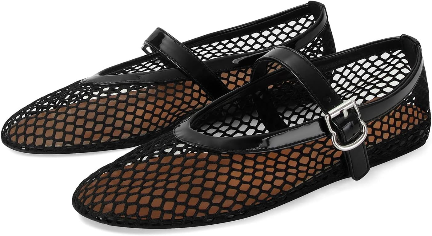 Women's Mesh Ballet Flats Fishnet Ballerina Flats Buckle Strap Mary Jane Causal Daily Dress Shoes | Amazon (US)