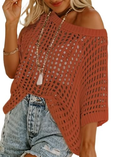 Dokotoo Women's Summer Crochet Hollow Out Sweaters Tops Resort Wear for Women 2025 Fashion Off Shoulder Short Sleeve Pullover Knitted Casual Sweater Vacation Outfits for Women Gold Flame X-Small | Amazon (US)