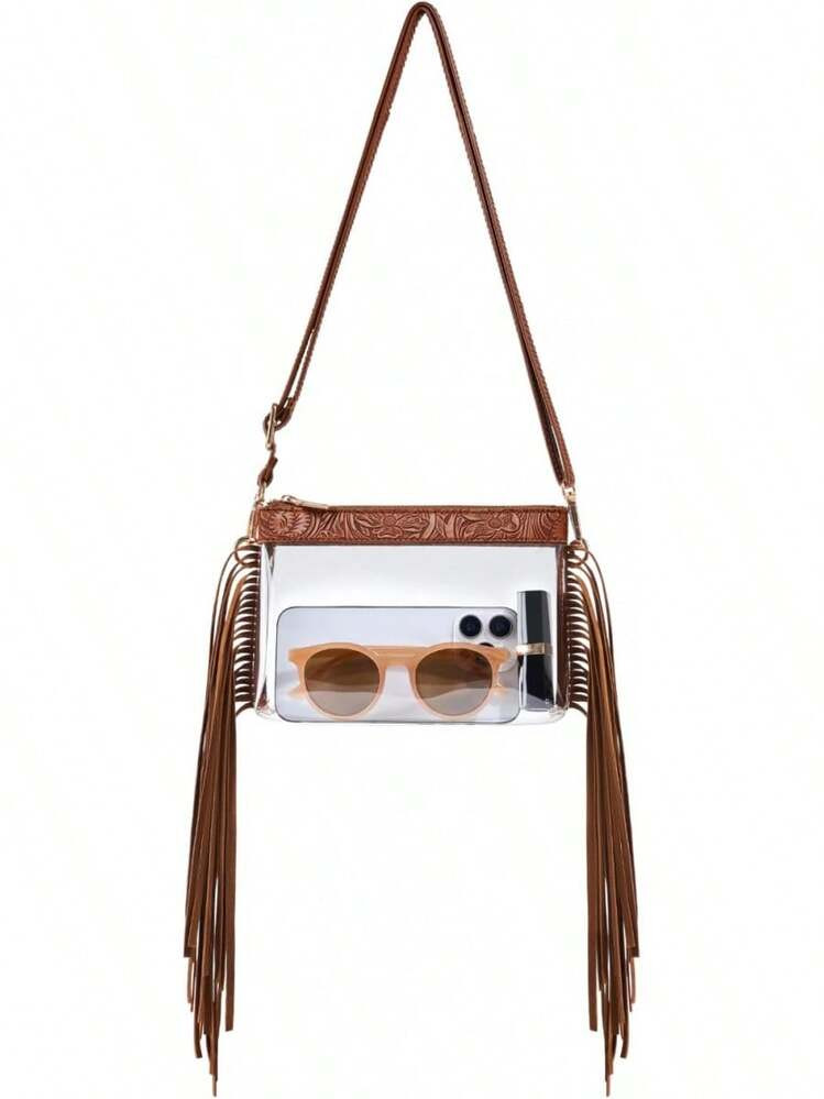 Clear Crossbody Bag With Leather Fringe Tassel, Small Transparent Purse For Women, Boho Western S... | SHEIN