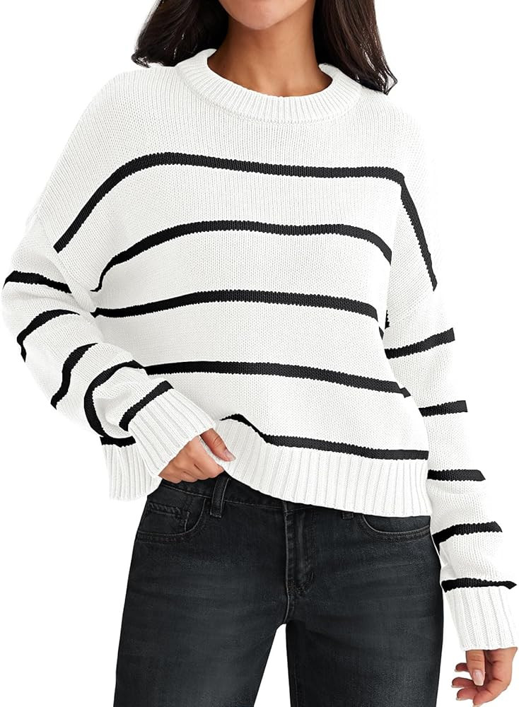 LILLUSORY Womens Striped Sweater Pullover Crewneck Knit Long Sleeve Cable Knitted Sweaters | Amazon (US)