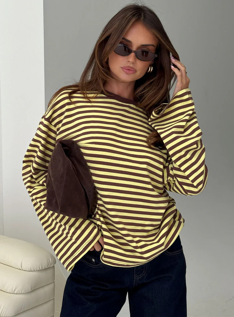 Settle Down Long Sleeve Top Yellow / Brown Stripe | Princess Polly US