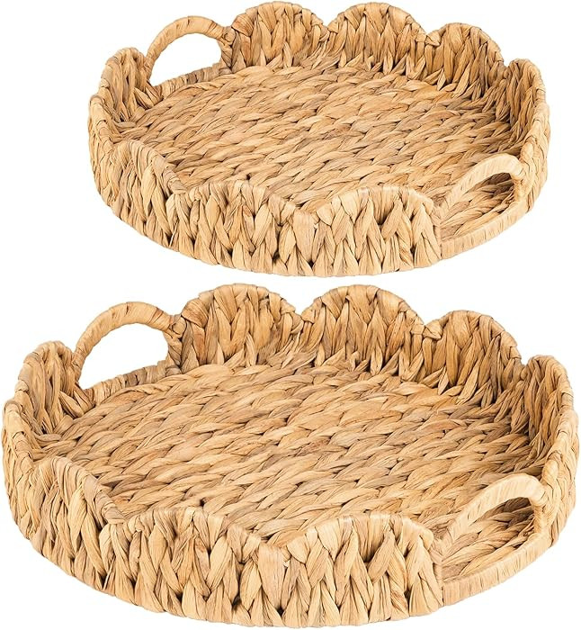 2-Pack Wicker Basket Tray, Round Serving Tray with Handles, Rattan Woven Decorative Tray, Natural... | Amazon (US)