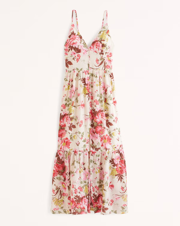 Crinkle Textured Button-Through Maxi Dress | Abercrombie & Fitch (US)