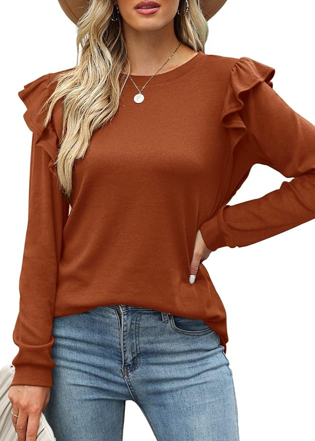 Dofaoo Long Sleeve Shirts for Women Casual Crewneck Ruffle Tops Loose Fit | Amazon (US)