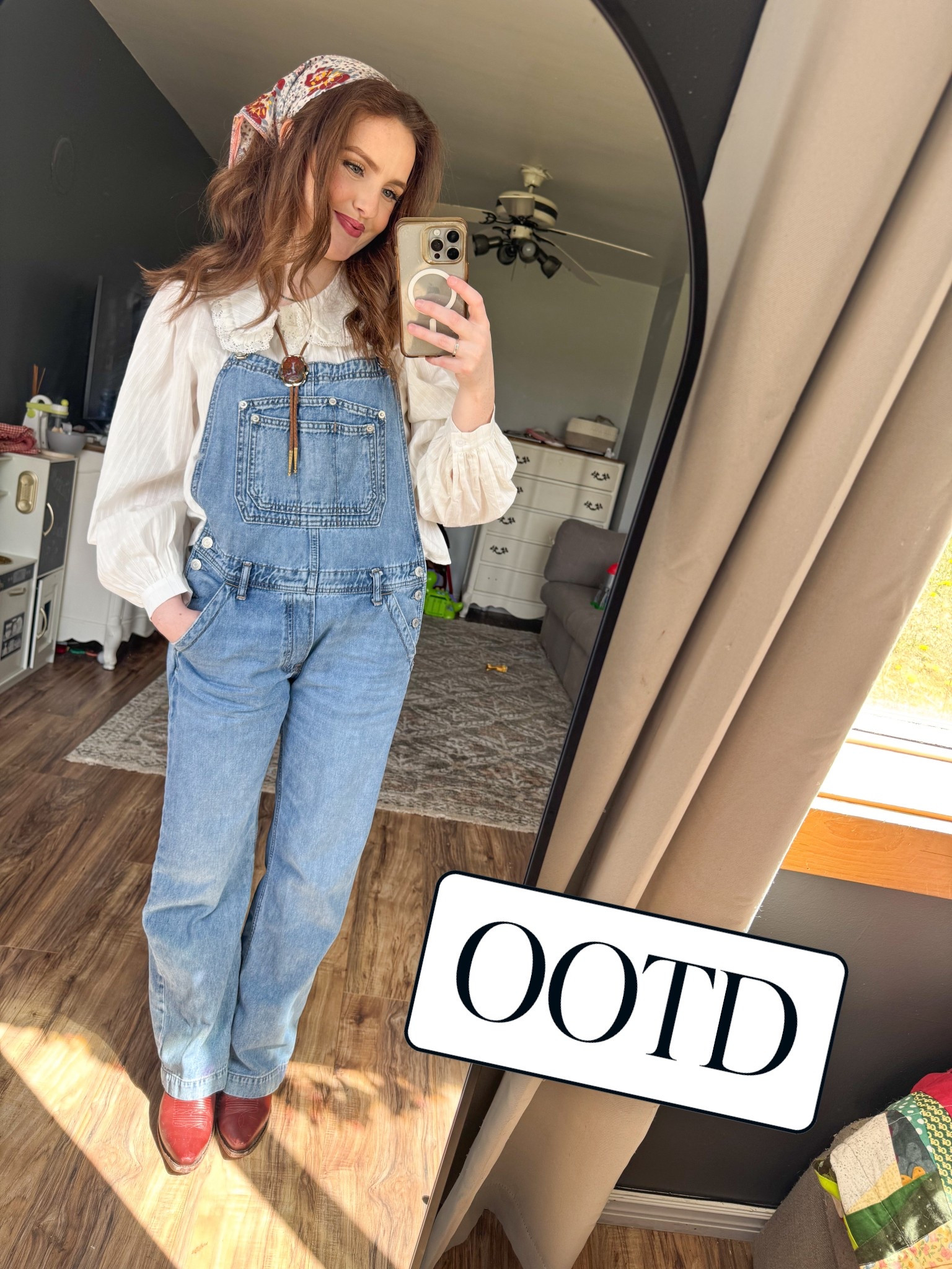 Farmer Chic🚜🌾Styled my denim overalls with a lace prairie blouse, bolo necklace, printed bandana, and my red cowboy boots and I am OBSESSED with how this turned out. This combo is giving farm girl meets frontier woman and I’m not taking it off. Linked everything on LTK! 🔗