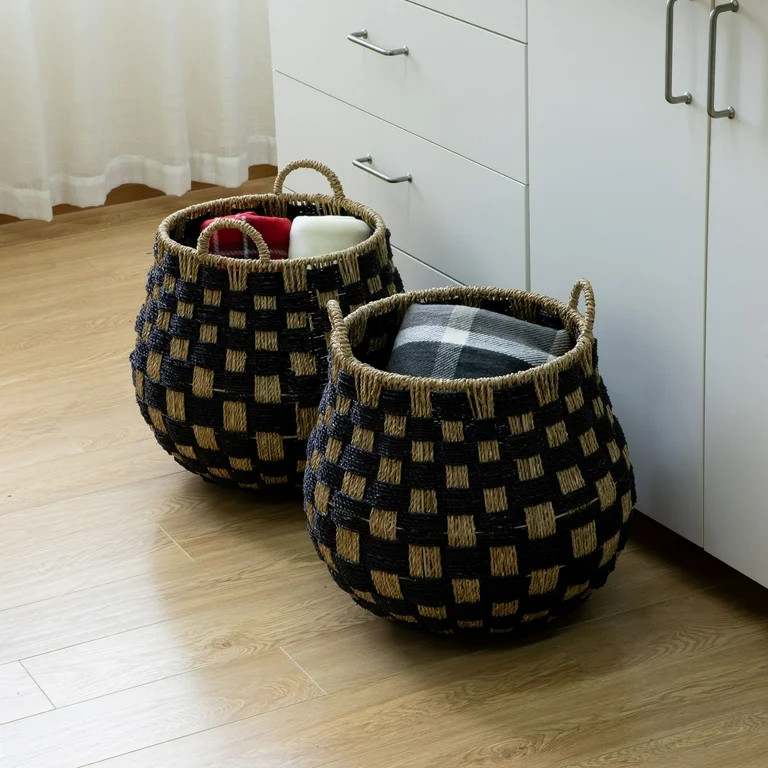 Better Homes & Gardens Large Round Checkered Seagrass Storage Basket with Handles, 2 Pack | Walmart (US)