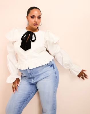 ASOS LUXE Curve cotton poplin frilled top with black velvet tie in white | ASOS (Global)