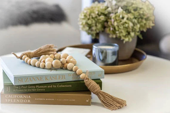 Farmhouse Decor, Wood Bead Garland with Tassels, Bead Garland, Wood Bead Strands, Wood Bead Garla... | Etsy (US)