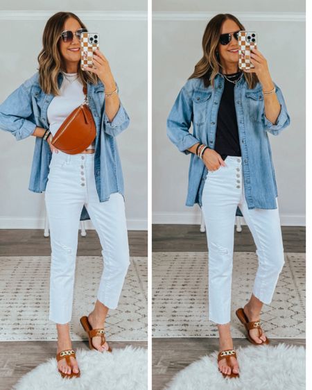 Walmart spring outfit idea🌼love a denim shirt + white jeans combo. These $20 jeans fit like a glove and I’m loving the high low detail on this chambray. Add these luxe looking $15 sandals for the perfect finishing touch. 

Walmart fashion finds, Walmart style, Walmart outfit, spring outfit idea, classic style, timeless fashion, how to style white jeans, casual spring outfit, brown sandals, affordable fashion, inclusive fashion 

#LTKfindsunder50 #LTKstyletip #LTKsalealert