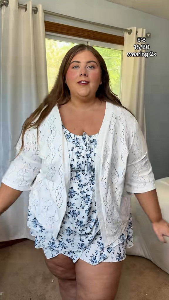 Loving lightweight cardigans like this for the summer time 🤍 goes up to size 5x!

Wearing a size 2x in both the romper and the cardigan

#LTKPlusSize #LTKSaleAlert #LTKSeasonal