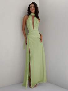 Aloruh Women's Deep V-Neck Backless Vacation Long Chiffon Dress With Tie, Fit & Flare Style, Suit... | SHEIN