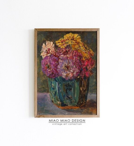 Vintage Flower Painting  Zinnias Art Print  Printable | Etsy | Etsy (US)