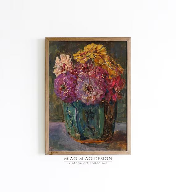 Vintage Flower Painting  Zinnias Art Print  Printable | Etsy | Etsy (US)