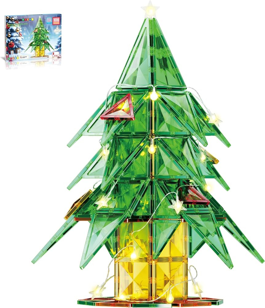 PicassoTiles 106 Piece Magnetic Tiles Light Up LED Christmas Tree Holiday Theme Construction Magn... | Amazon (US)