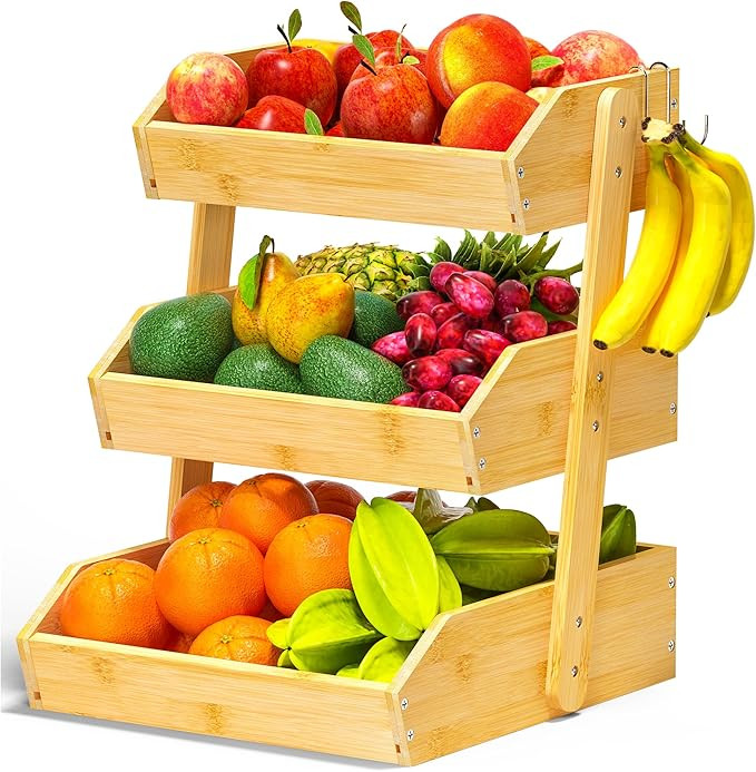 Bamboo Fruit Basket – 3 Tier Fruit Bowl For Kitchen Counter, Large Capacity Fruit Holder With 2... | Amazon (US)