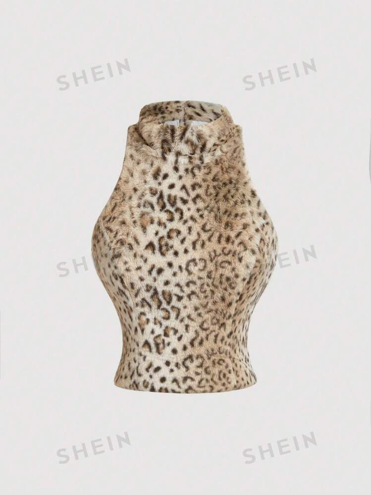 SHEIN MOD Women's Fluffy Leopard Print Halter Neck Fashionable Blouse,Leopard Costume,Leopard Top... | SHEIN