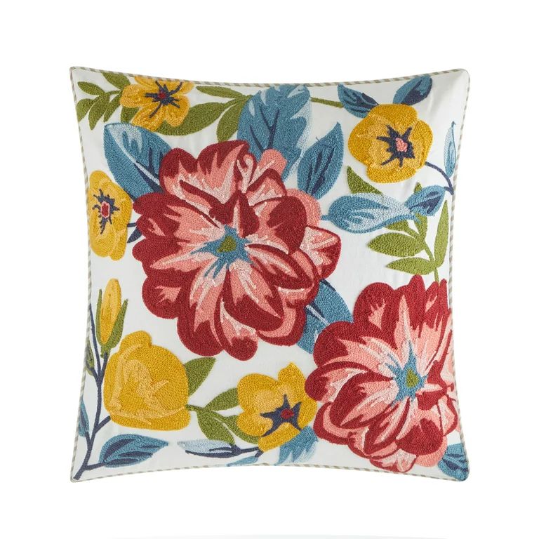 Mainstays 100% Cotton Canvas Reverse to Yarn Dye Embroidered Ambreta Flower Pillow, 18" x 18" | Walmart (US)