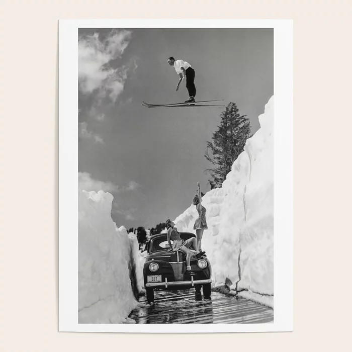 Vintage Ski Jump Over Car and Girls Photo Poster, Road Gap Skier Jumps Girls Car Classic Print, M... | Society6