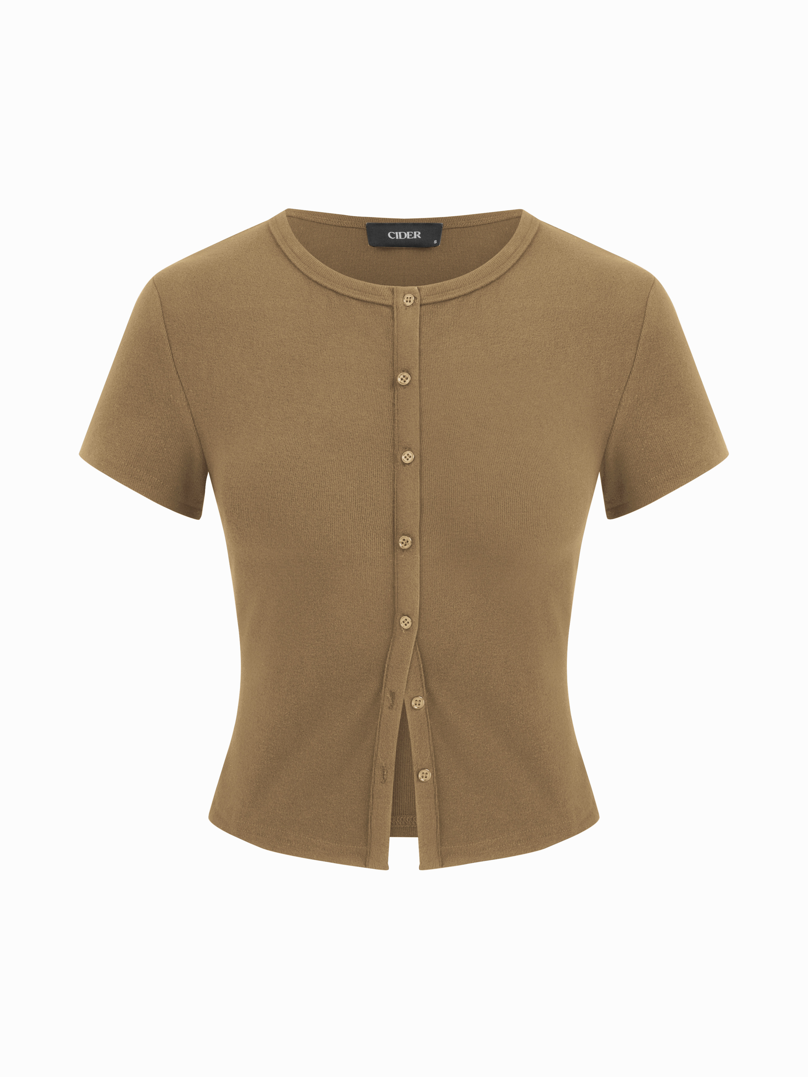 Valentine Knit Fabric Round Neckline Solid Button Short Sleeve Top For Daily Casual | Cider