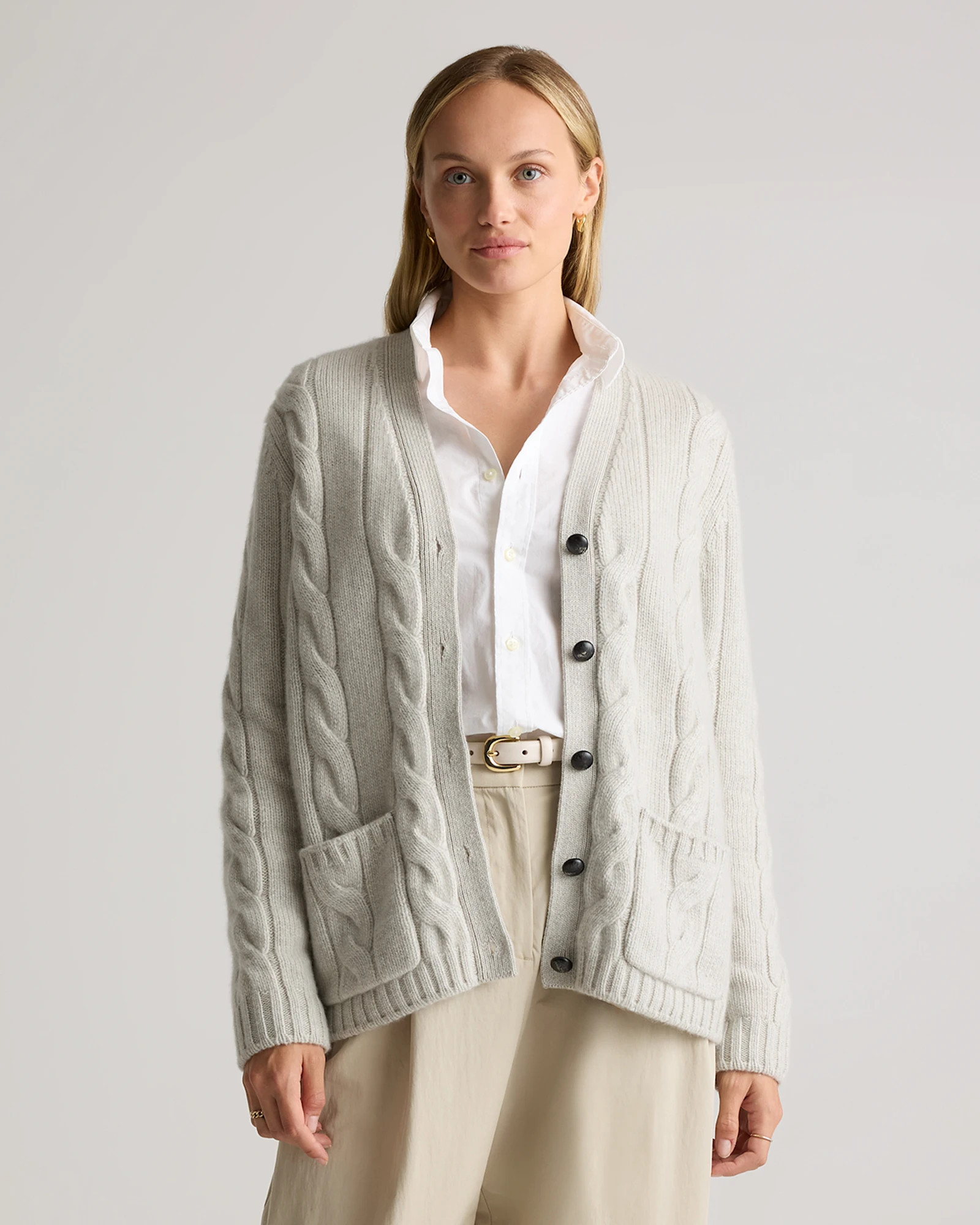 Quince | Women's Luxe Baby Cashmere Cable Cardigan Sweater in Heather Caviar, Size Small | Quince