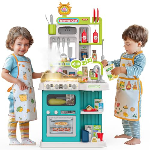 96PCS Kids Kitchen Playset, Play Kitchen with Sound & Light, Cooking Stove with Steam, Play Food Toy Kitchen Accessories, Play Sink, Oven, Pretend Play Kitchen Toys Set for Boys and Girls (Green) | Amazon (US)