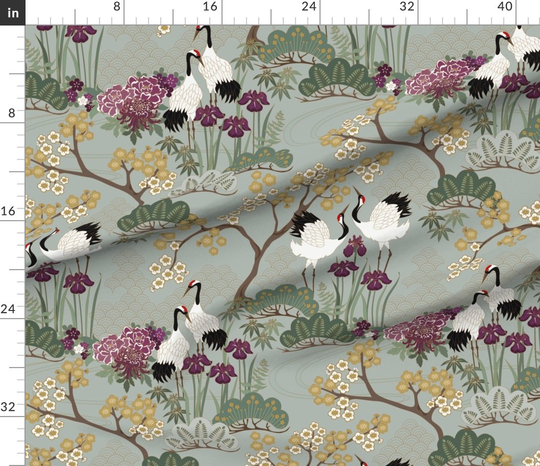 Japanese Garden Sage with Plum and Gold 24 inch Repeat Fabric | Spoonflower | Spoonflower