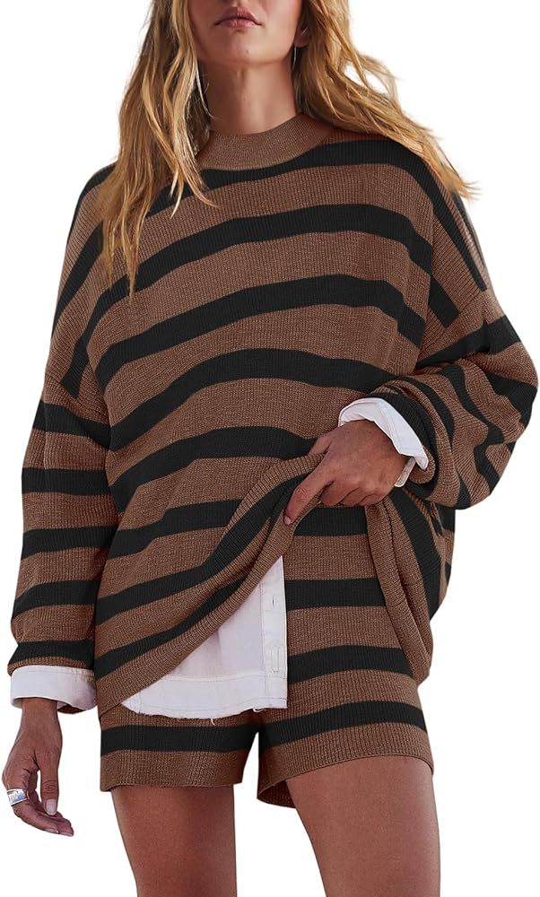 LAMISSCHE Womens Oversized Lounge Sets 2 Piece Outfits Striped Matching Pajama Set Long Sleeve Sw... | Amazon (US)