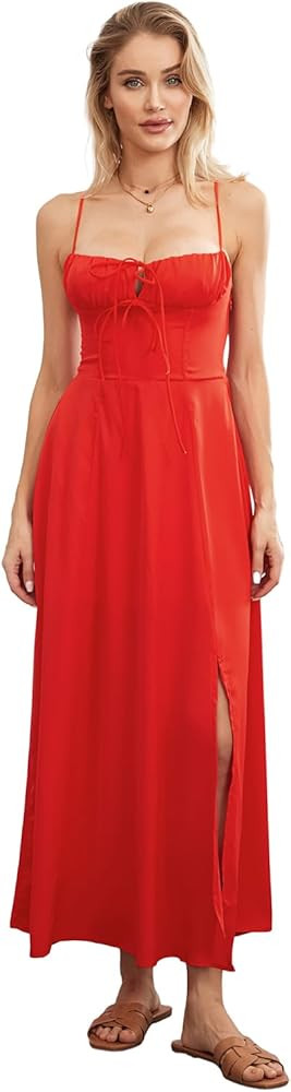 Women Y2k Summer Boho Maxi Dress Spaghetti Strap Bodycon Long Flowy Dress Tie-Up Pleated Cut Out ... | Amazon (US)