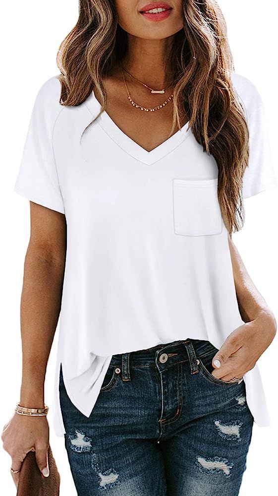 SAMPEEL Womens V Neck T Shirts Short Sleeve Summer Tops with Pocket | Amazon (US)