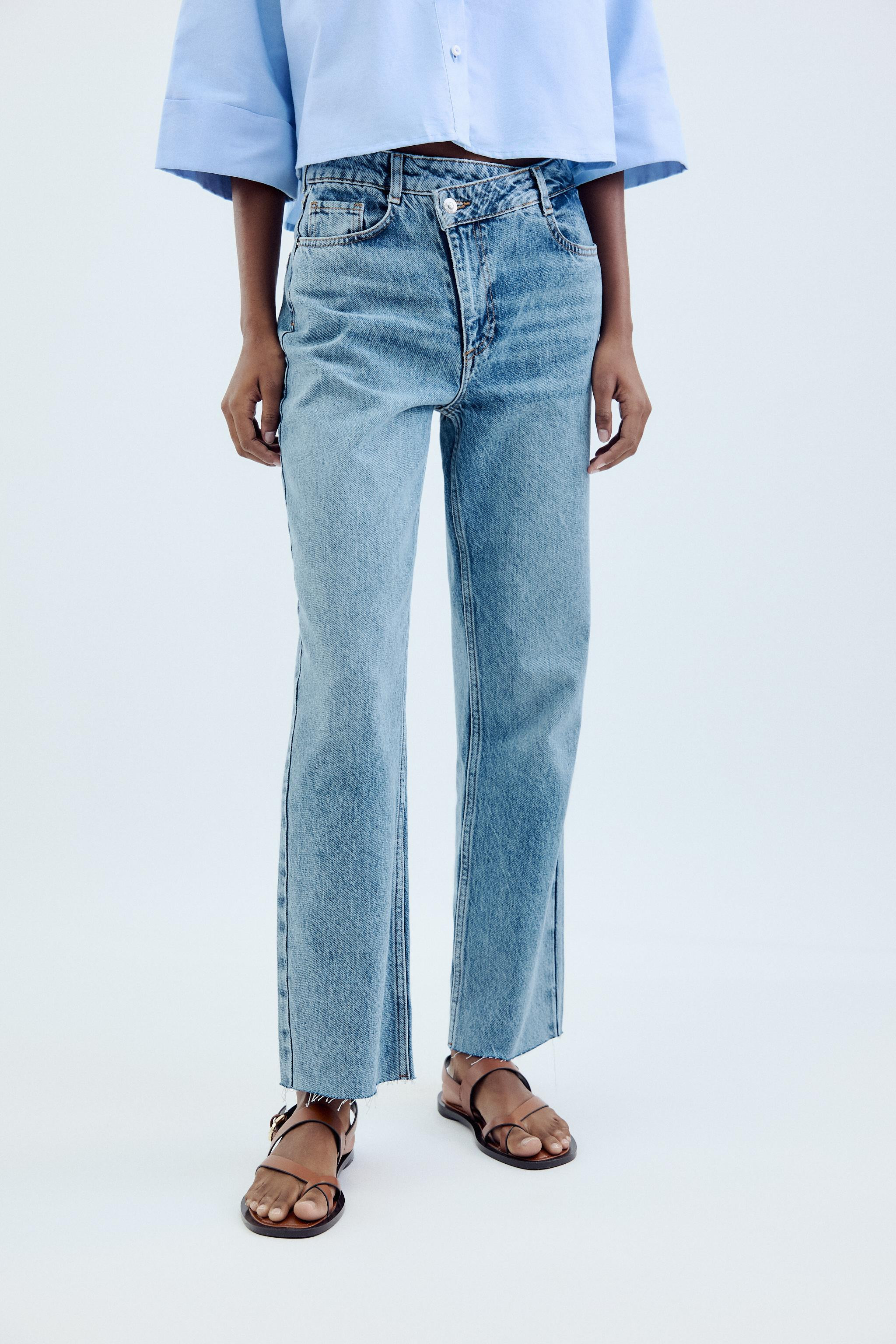Z1975 STRAIGHT HIGH-WAISTED CROSSOVER JEANS Mid-blue White | Zara Canada