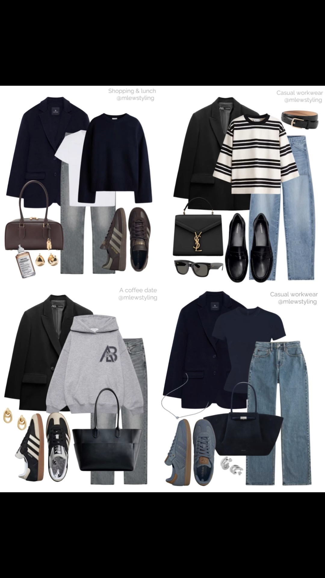 Blazer & jeans outfit ideas 🩶

Tags: winter outfit, spring transitional look, casual office outfit, workwear, black Zara blazer, anine bing navy blue blazer, adidas sneakers, black loafers, tote bag, capsule wardrobe 

#LTKWorkwear #LTKootd #LTKFindsUnder100