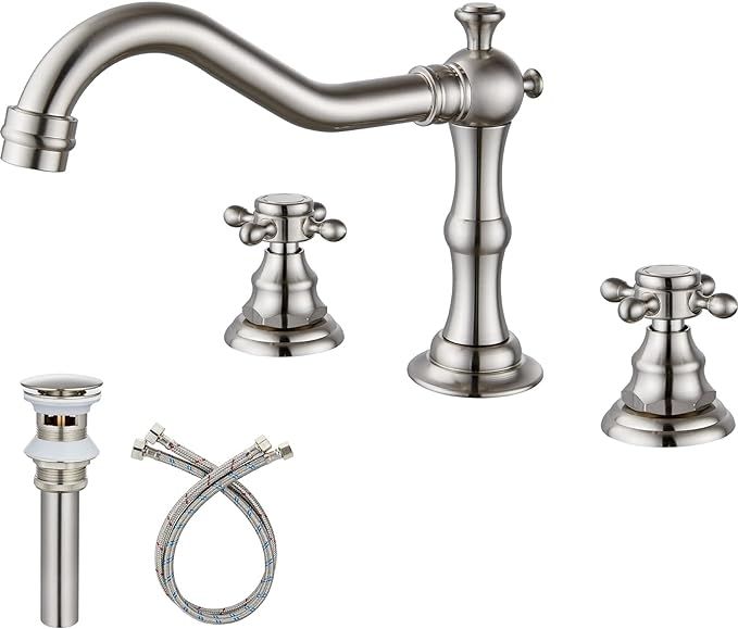 Widespread Bathroom Faucet Brushed Nickel 3 Holes Deck Mounted Victorian Style Dual Cross Knobs H... | Amazon (US)