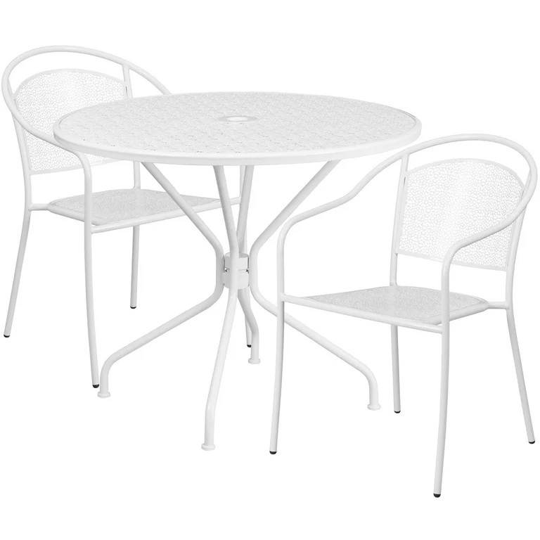 Flash Furniture Commercial Grade 35.25" Round White Indoor-Outdoor Steel Patio Table Set with 2 R... | Walmart (US)