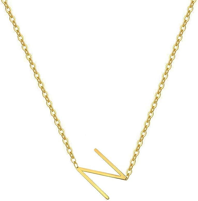 MOMOL Sideways Initial Necklace, 18K Gold Plated Stainless Steel Tiny Initial Necklace Dainty Person | Amazon (US)