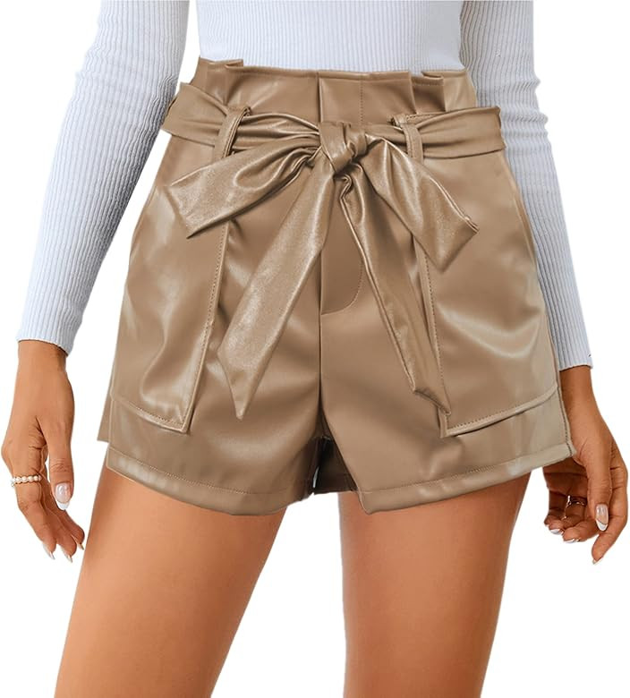 RARITYUS Women's PU Leather High Waisted Shorts Casual Elegant Bow Tie Waist Paperbag Shorts with... | Amazon (US)