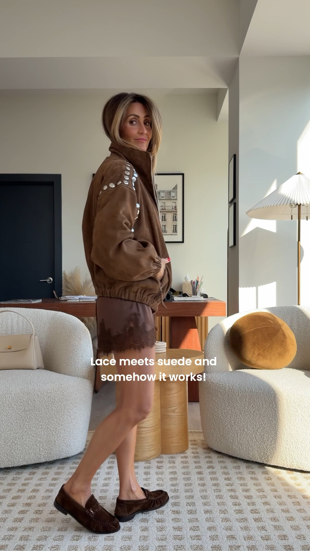 Day 2 of styling the shorts you couldn’t stop asking about 🤎🪩 comment SHOP and I’ll send you links and sizes! 

Pairing lace with cashmere + studded suede instantly gives them that cool, effortless edge. It’s the contrast that makes it feel elevated instead of expected.

Soft meets structure. Feminine meets a little attitude! Size small ok shorts and 36 on jacket, da on oversized sweater 

#LTKgrwm #LTKootd #LTKOver40