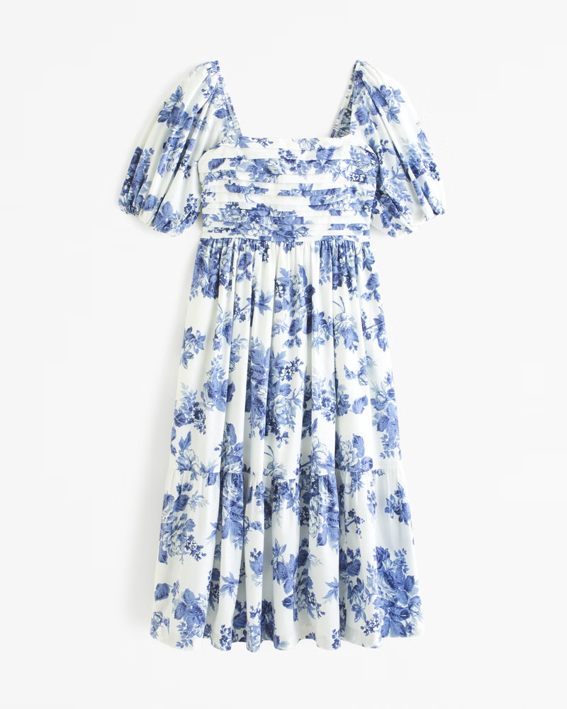Abercrombie & Fitch Women's The A&F Emerson Poplin Puff Sleeve Midi Dress in Blue Floral - Size XXS PETITE | Abercrombie & Fitch (US)