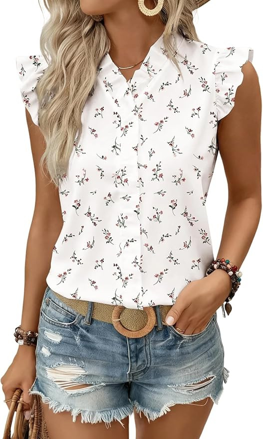 Astylish Womens 2026 Floral Chiffon Blouses V Neck Ruffle Sleeve Fitted Tops Boho Chic Tank Shirt... | Amazon (US)