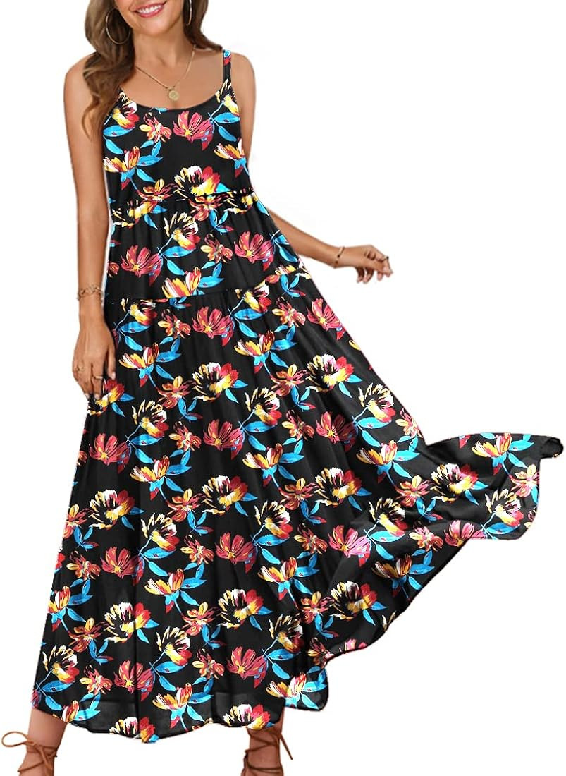 YESNO Summer Dresses for Women Casual Loose Bohemian Floral Dress with Pockets Spaghetti Strap Ma... | Amazon (US)