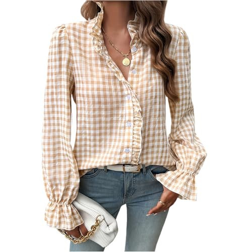 Plaid Shirt for Women Button Down Fall Ruffle Shirts Casual Long Sleeve Gingham Checkered V-Neck Flowy Fashion Tops Blouse （L,Beige） | Amazon (US)