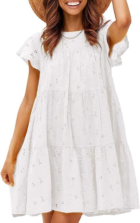 Miessial Women's Summer Embroidery Round Neck Mini Dress Hollow Out Loose Swing Dress | Amazon (US)