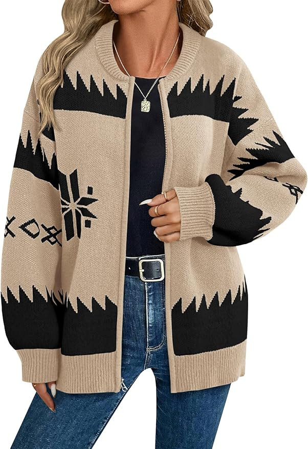 Saodimallsu Womens Zip Up Sweater Jacket Oversized Chunky Puff Long Sleeve Graphic Christmas Card... | Amazon (US)