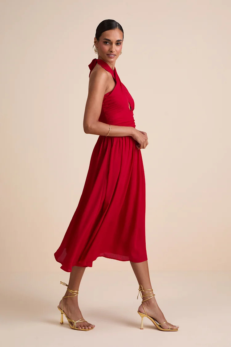 Emrah Red Cross-Front Cutout Halter Midi Dress | Lulus