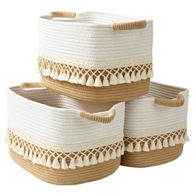 Aoibox Large Boho Cotton Rope Storage Baskets with Heavy Tassels for Shelves Organizing Toys Clothes 2 Pack Woven Bins | Target